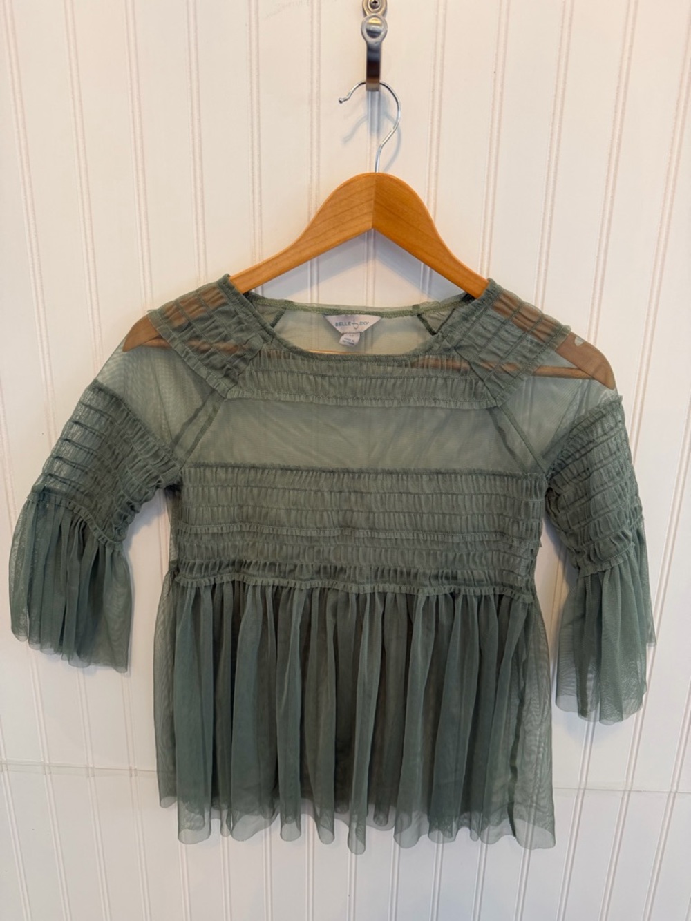 belle sky Sage Green Sheer Smocked Peasant Blouse